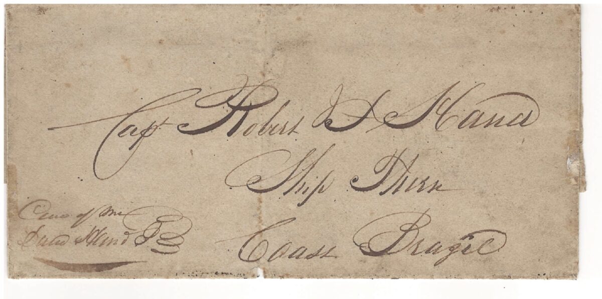 An envelope addressed to Captain Robert F. Hand aboard Ship Thorn, somewhere along the 