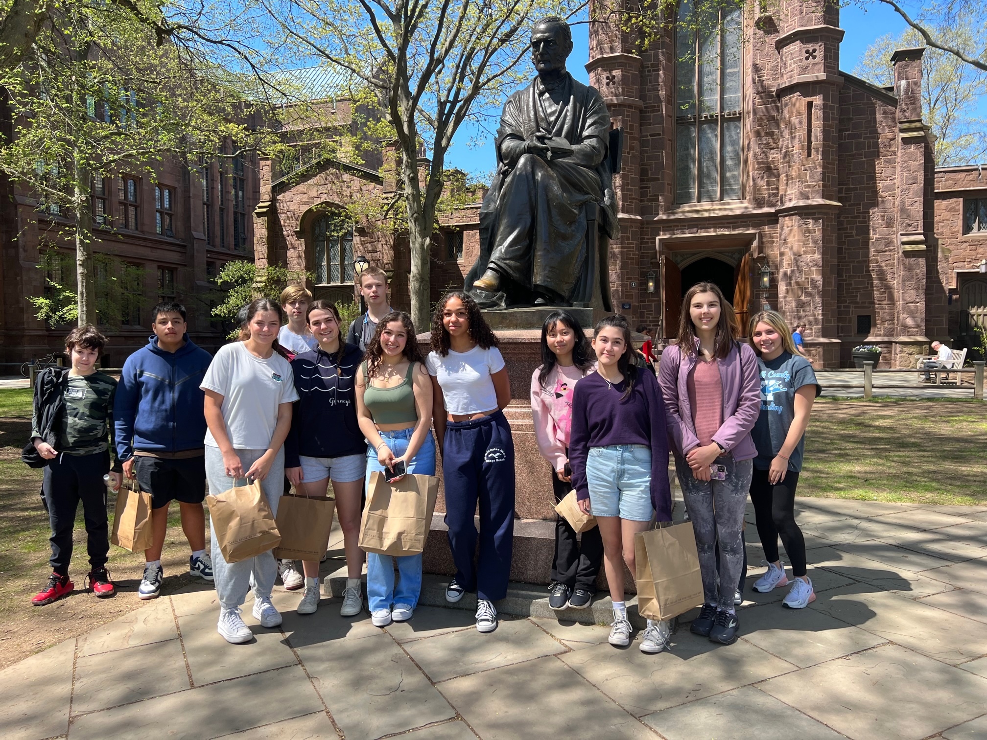 A group of Westhampton Beach High School freshmen recently toured the campus of Yale University. On the tour they learned about the college application process, what to look for in a college, how to compare different colleges and campuses, and what questions to ask during a
college visit. “It is important for freshmen to begin to develop a framework of their own
college preferences,” said Robert Finn, director of guidance and data management. The
students toured Sacred Heart University on the same day. COURTESY WESTHAMPTON BEACH SCHOOL DISTRICT