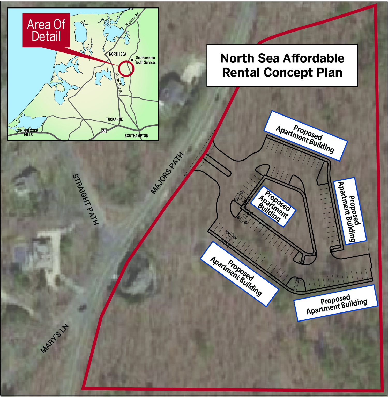 A proposed five building rental complex in North Sea  would comprise 34 units, affordable in perpetuity.  Above, an initial concept map, subject to change if the proposal wends its way through a zone change review process.