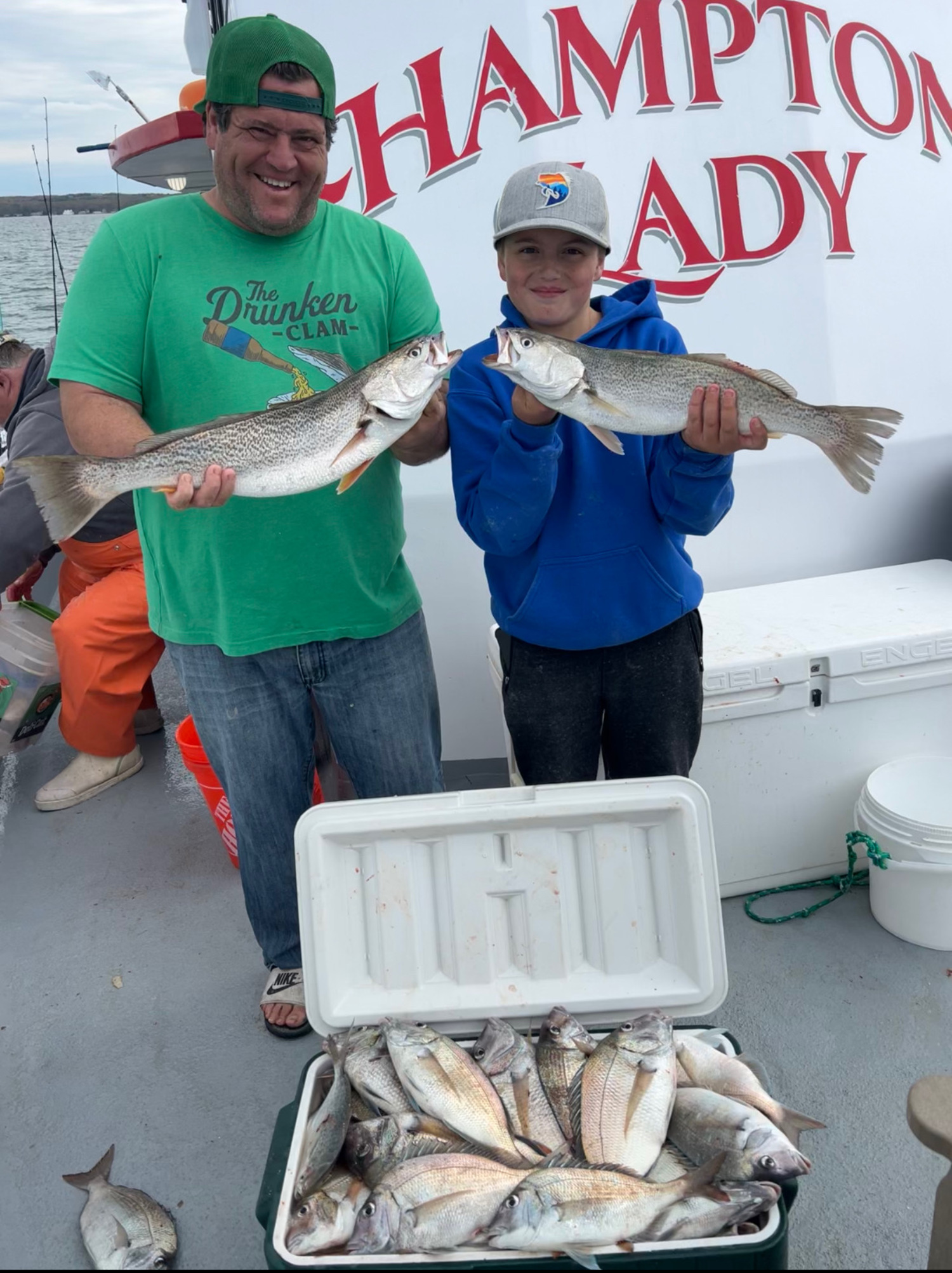 The Peconics are still producing plenty of weakfish and porgies, like these piled up by Johnny and Nick Bracco aboard the Hampton Lady recently. 
CAPT. JAMES FOLEY