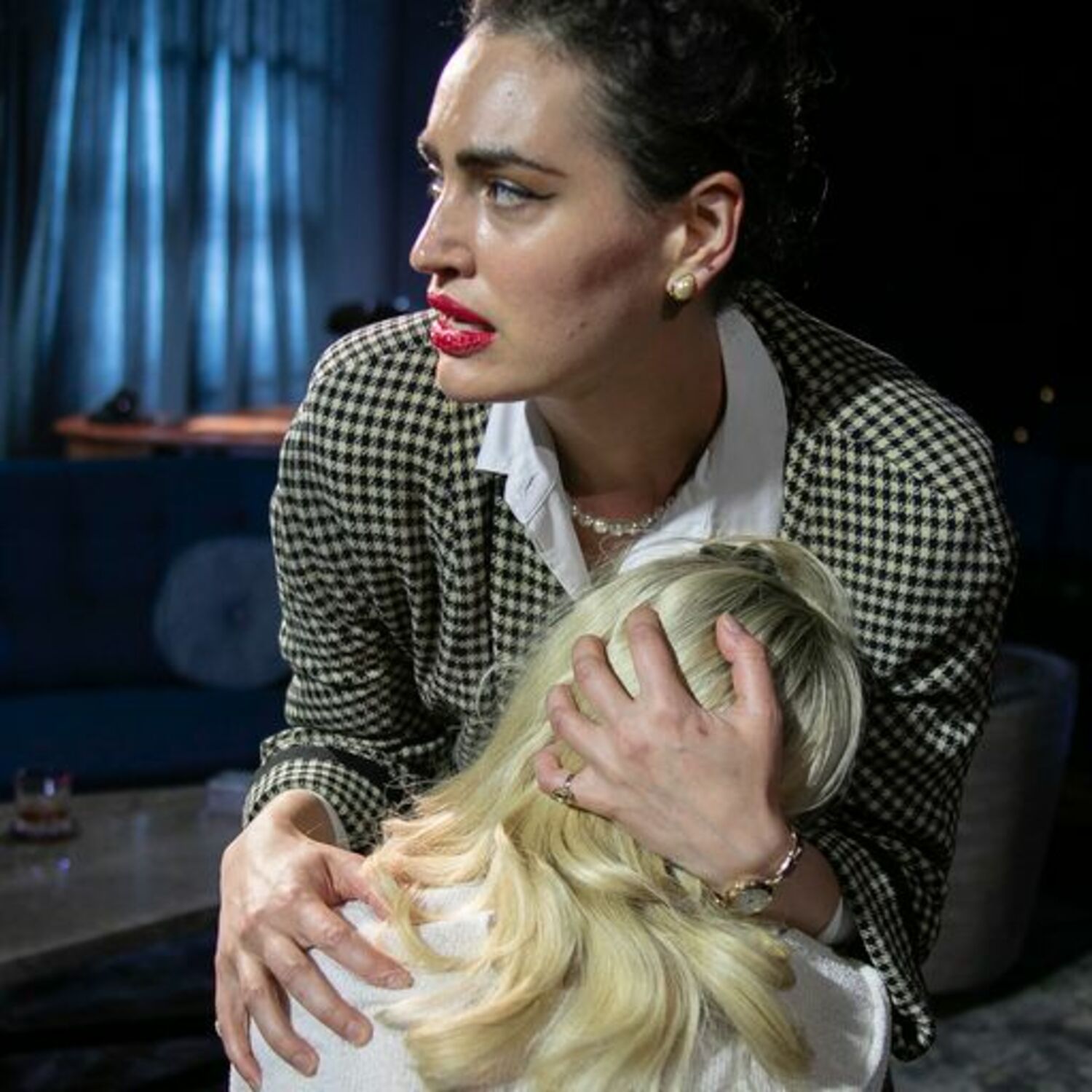 Maxine (Rosa Gilmore ) holds Margot (Mammie Gummer) in a scene from Bay Street Theater's 