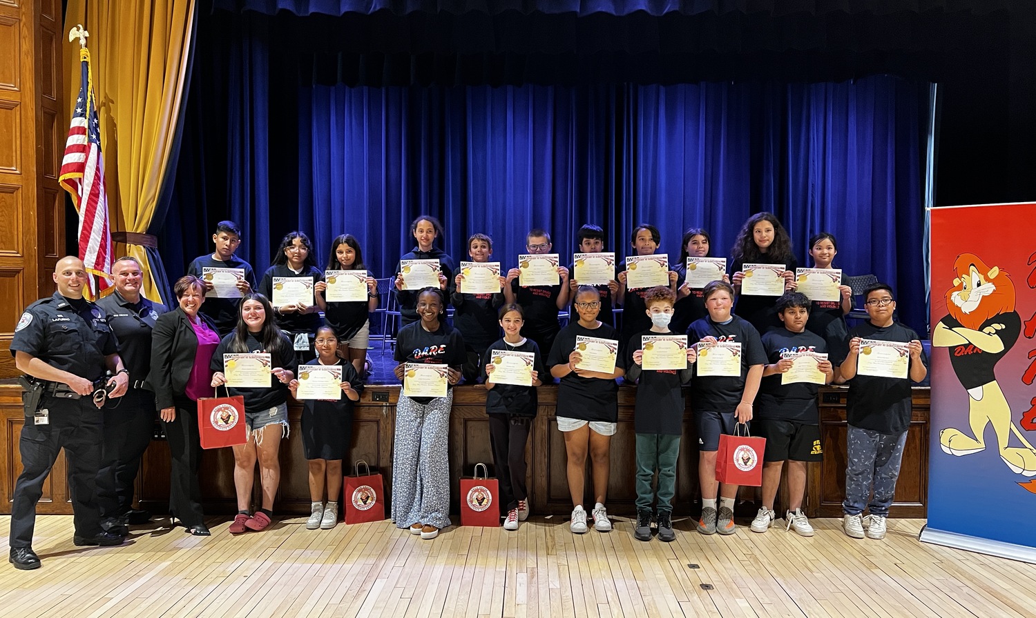 The Bridgehampton School fifth and sixth grade students were lauded at a graduation ceremony for the D.A.R.E. (Drug Abuse Resistance Education) program facilitated by the Southampton Town Police Department. The  program has taught students about important decision-making skills for safe and healthy lifestyles. COURTESY BRIDGEHAMPTON SCHOOL DISTRICT