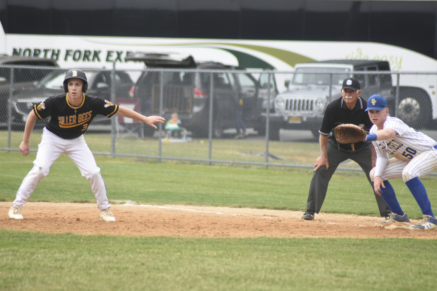 Bridgehampton senior Kris Vinski has a healthy lead off first base.   DREW BUDD