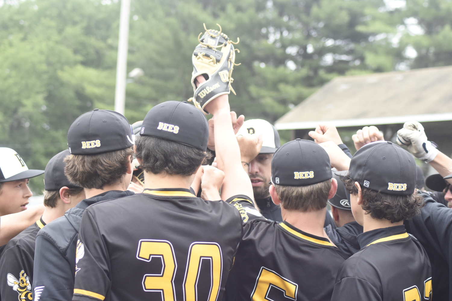 Bridgehampton head coach Lou Liberatore tries to rally his team just before the start of the top of the seventh inning.   DREW BUDD