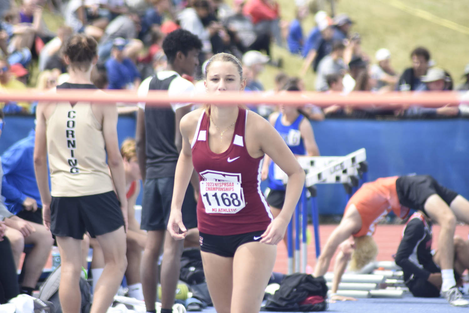 Southampton junior Livia Lombardi-Benvenuto eyes up the bar in the high jump.   DREW BUDD