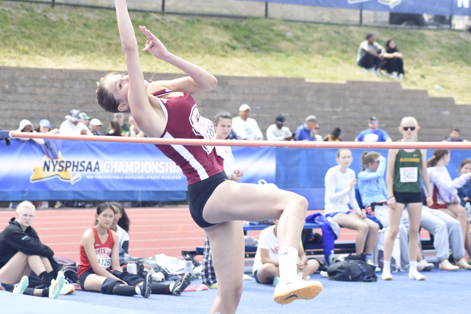 Southampton junior Livia Lombardi-Benvenuto cleared 4 feet 9 inches in her first state championship meet on Saturday.   DREW BUDD