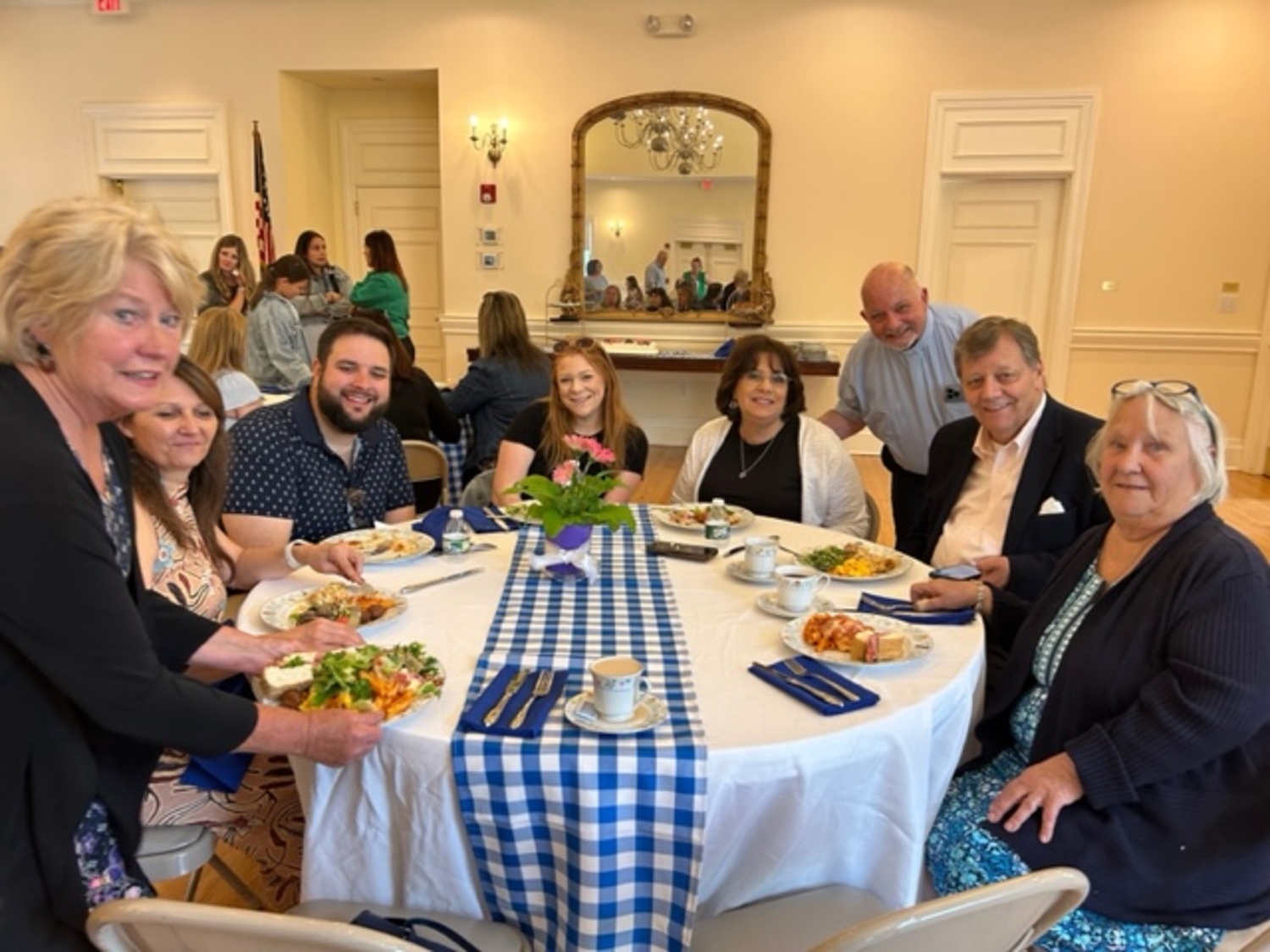 Dawn Orban, head of Bright Beginnings, is retiring after 17 years of service.  A farewell lunch was held for her at St Mark’s Church Parish Hall.  From left,  Louise Reeves, Sara McLaughlin, Max and Caitlyn Fehr, Dawn Orban, Fr. Chris Jubinski, Sandy Wyman and Diane Stewart. COURTESY TOM HADLOCK