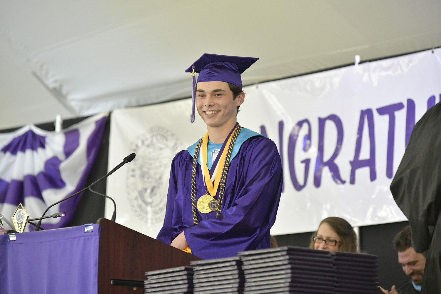 Hampton Bays High School Valedictorian Liam Sutton gives his speech.   DANA SHAW