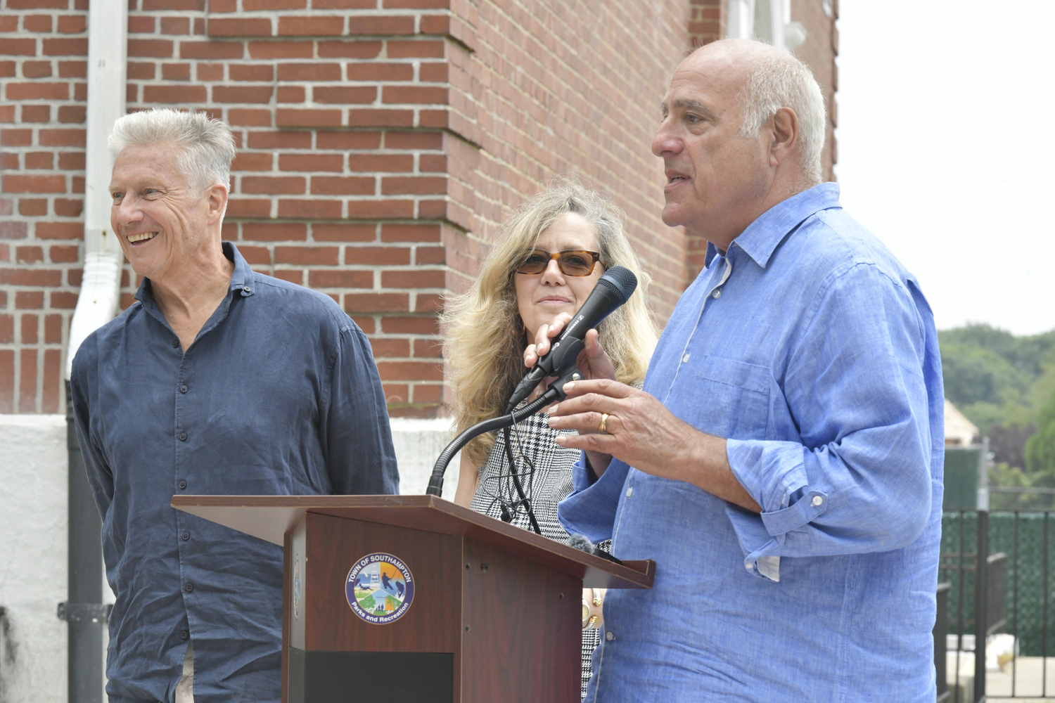 Frederic Rambaud, Southampton Town Clerk Sundy Schermeyer and Alan Ceppos at the opening of the Edith Windsor Heart Memorial on Monday at Town Hall.   DANA SHAW