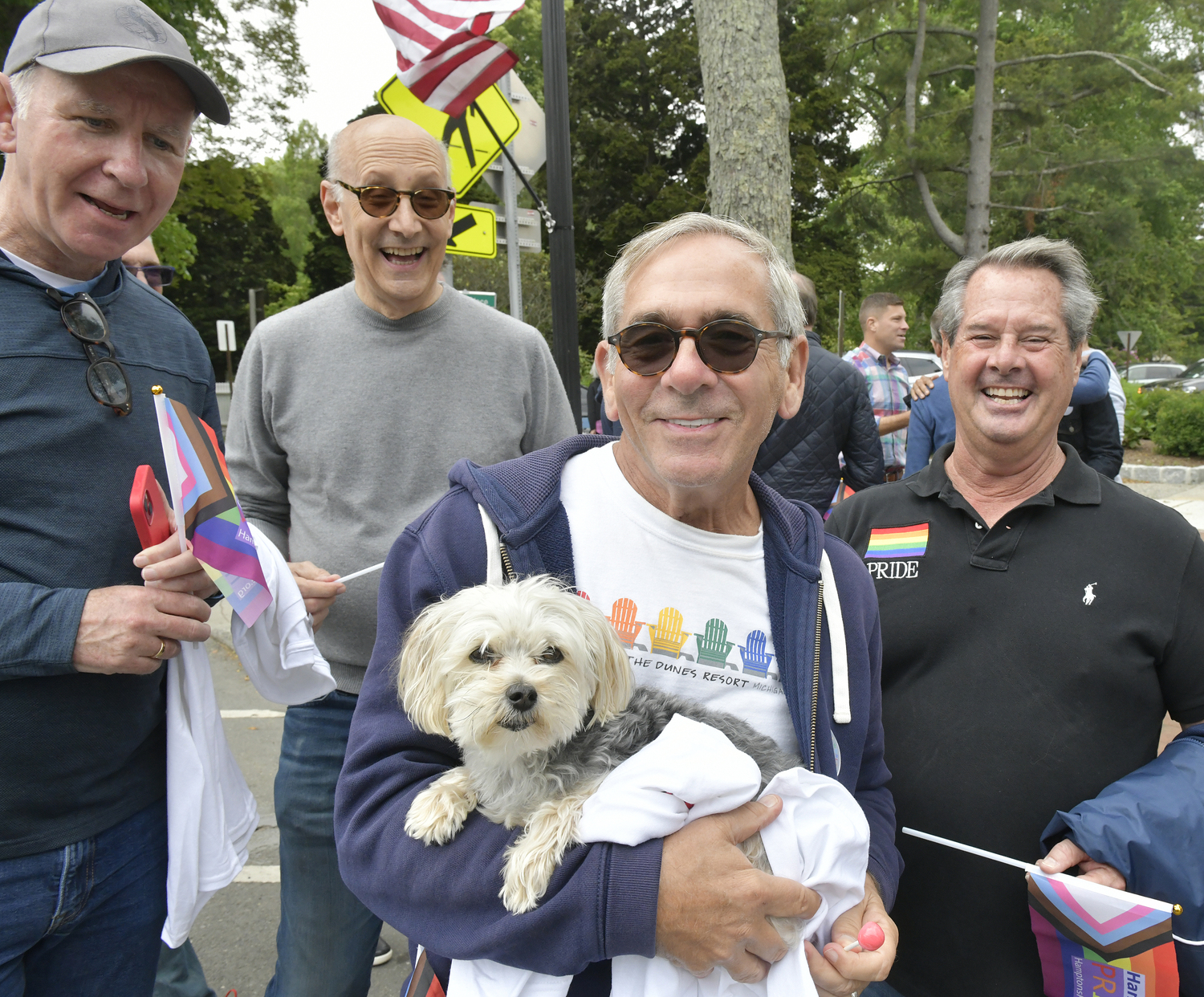 John Wilson, Tony Dawson, Peter Chase with Bentley and Dan Robinson at the Pride Parade on Saturday.   DANA SHAW