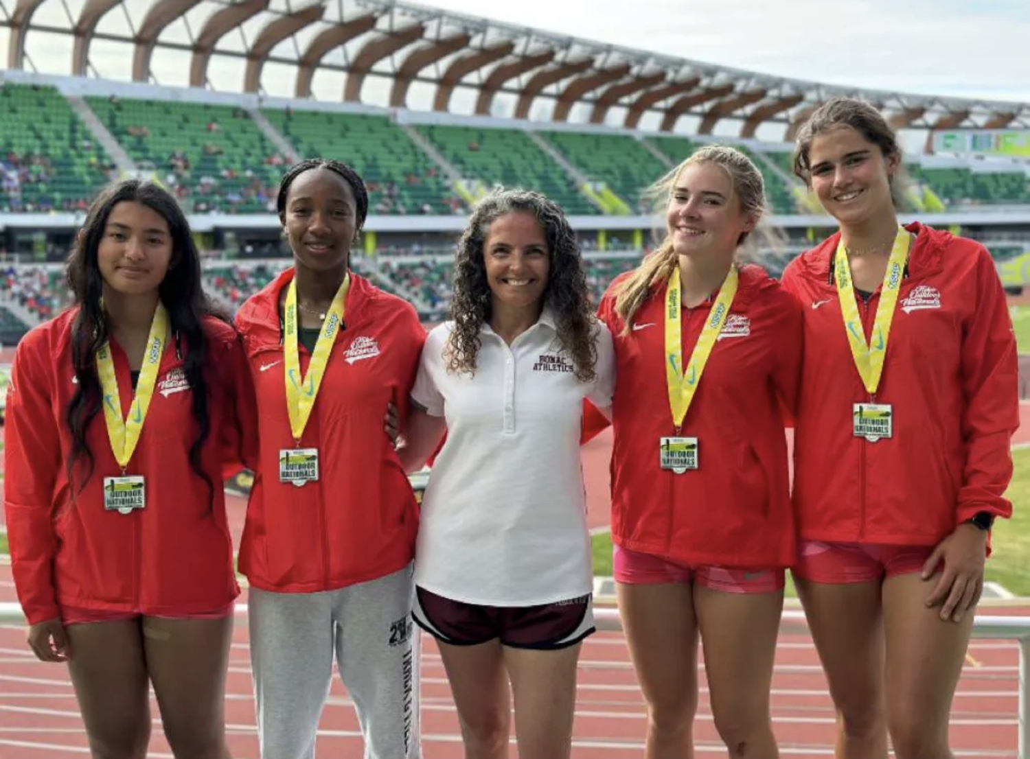 Sam Ruano, Leslie Samuel, head coach Yani Cuesta, Ryleigh O'Donnell and Meredith Spolarich traveled to Eugene, Oregon, this past weekend for the Nike Outdoor Nationals.    NICOLE O'DONNELL