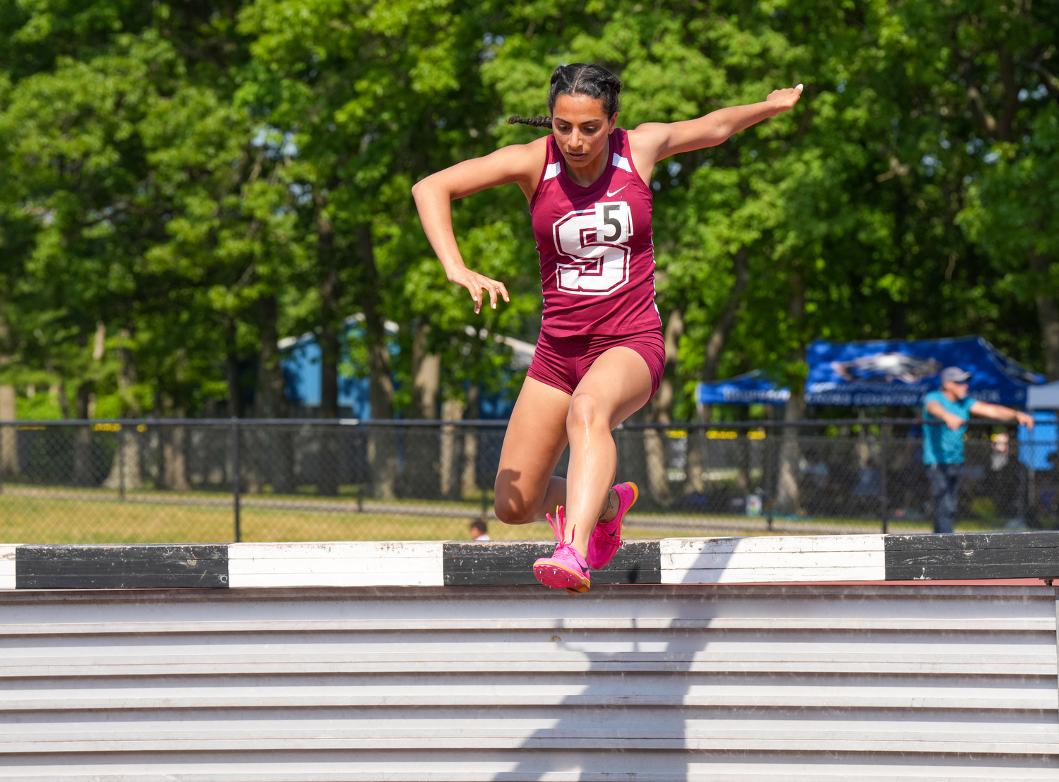 Southampton junior Jeorgiana Gavalas in the 2,000-meter steeplechase the state qualifier on Friday.   RON ESPOSITO