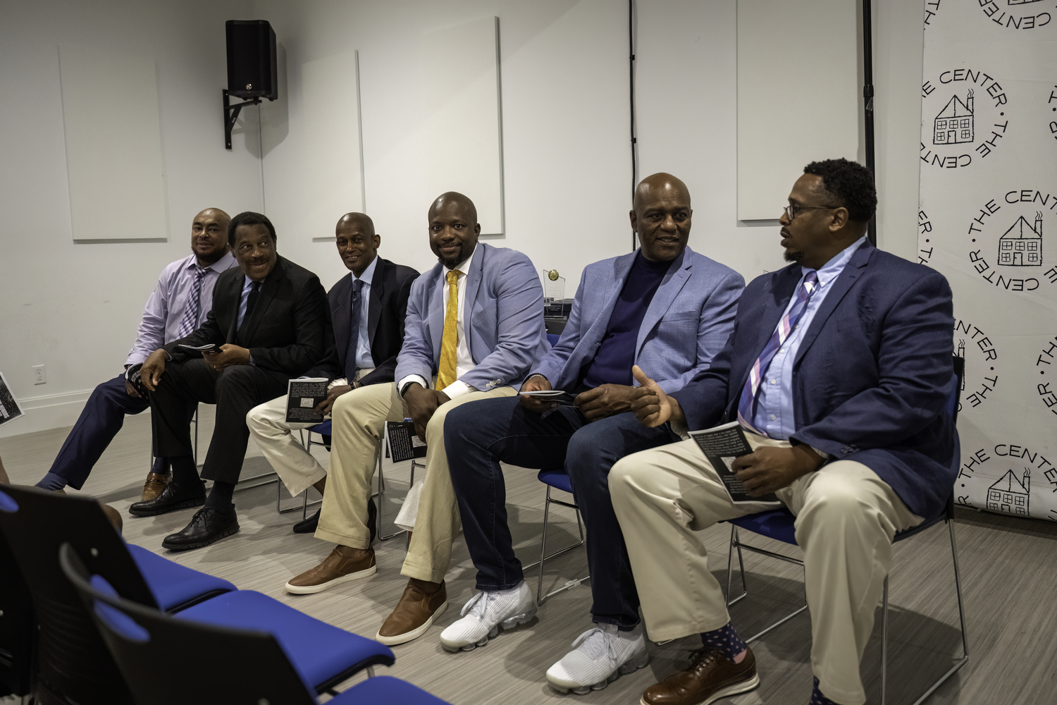 The Bridgehampton Child Care and Recreational Center honored seven Black basketball coaches from the East End. They included, from left, Nick Thomas, Richard “Juni” Wingfield, Carl Johnson, Ron White, Herm Lamison, Ron Gholson, and not in attendance but still honored was Howard Wood.    MARIANNE BARNETT