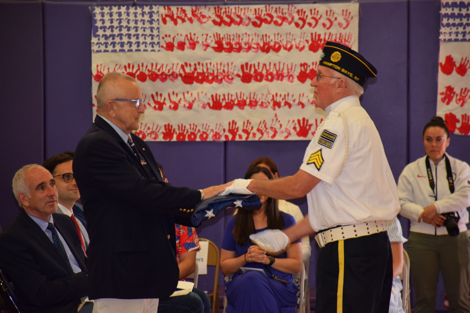 Hampton Bays Elementary School second graders celebrated Flag Day and paid tribute to Army veteran Michael McAndrews during a ceremony on June 14.  COURTESY HAMPTON BAYS SCHOOL DISTRICT