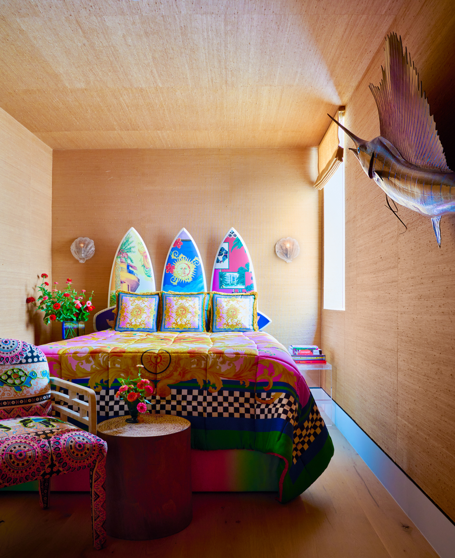 A guest room showcases Bikoff’s collaboration with the iconic fashion house Versace. WILLIAM WALDRON