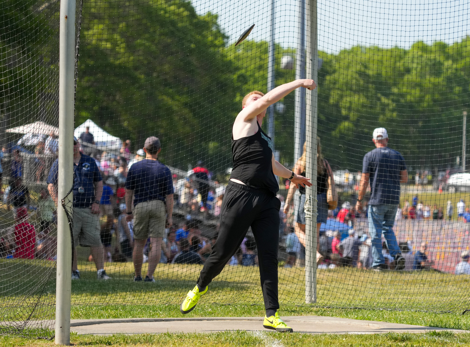 Westhampton Beach junior Jack Hendrickson performs in the discus at the state qualifier.   RON ESPOSITO