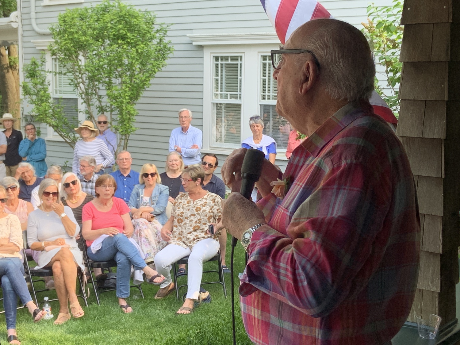 Sag Harbor restaurateur Jack Tagliasacchi spoke to a large crowd at the Sag Harbor Historical Museum on Sunday. STEPHEN J. KOTZ