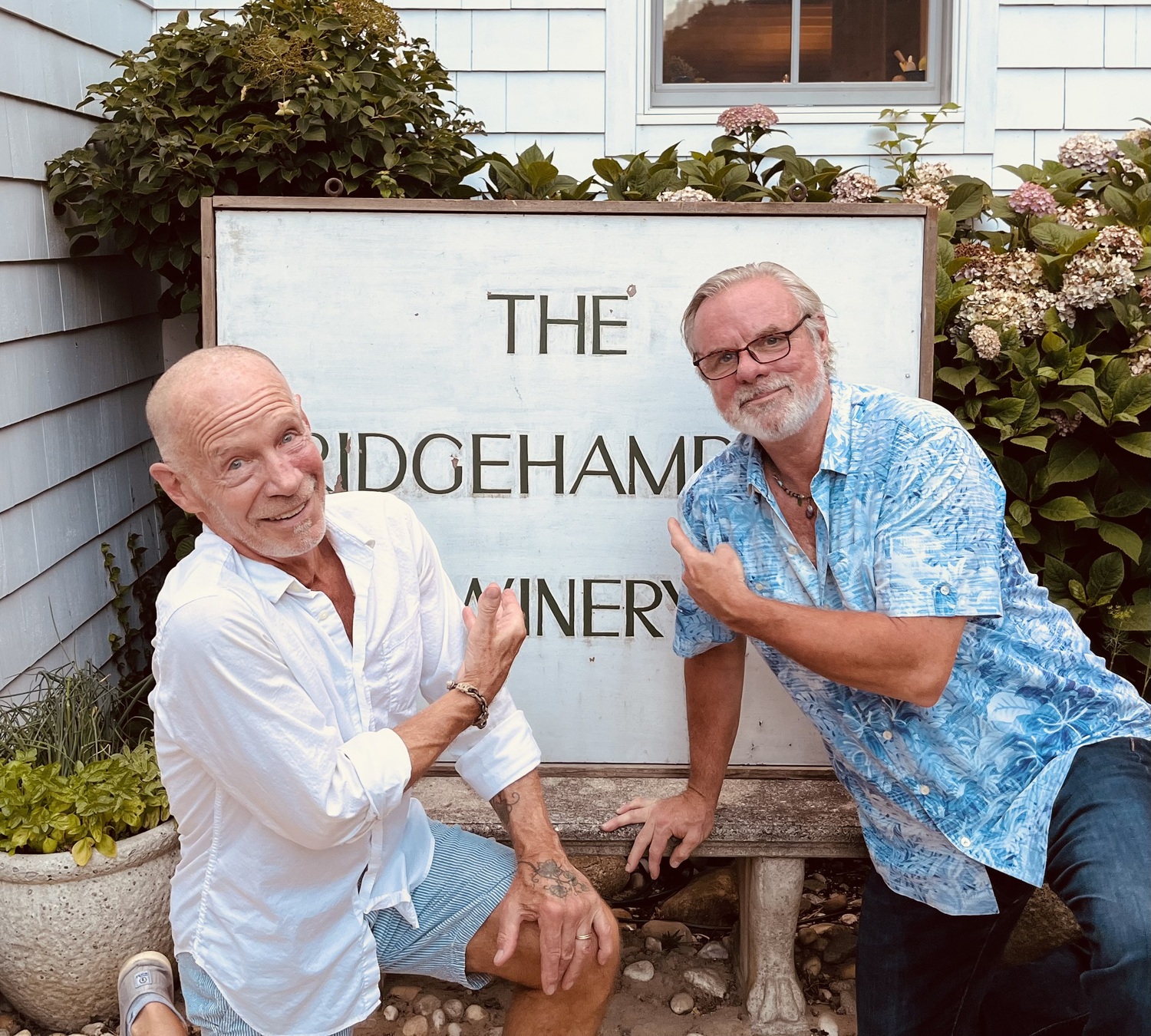 Lyle Greenfield and Richard Olsen-Harbich with the old Bridgehampton Winery sign. COURTESY LYLE GREENFIELD