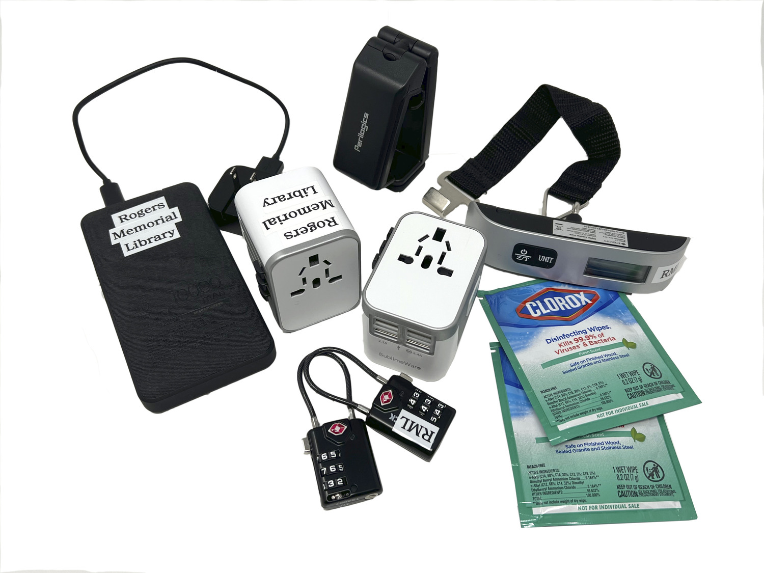 Electrical adapters, luggage locks, and a scale are included in a travel kit available from the Rogers Memorial Library in Southampton.