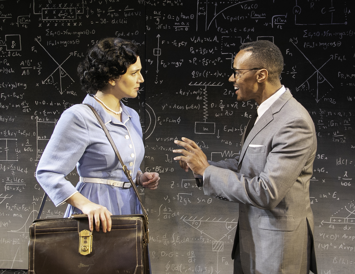 Samantha Massell as Rosalind Franklin and Anthony Chatmon II as Maurice Wilkins in 