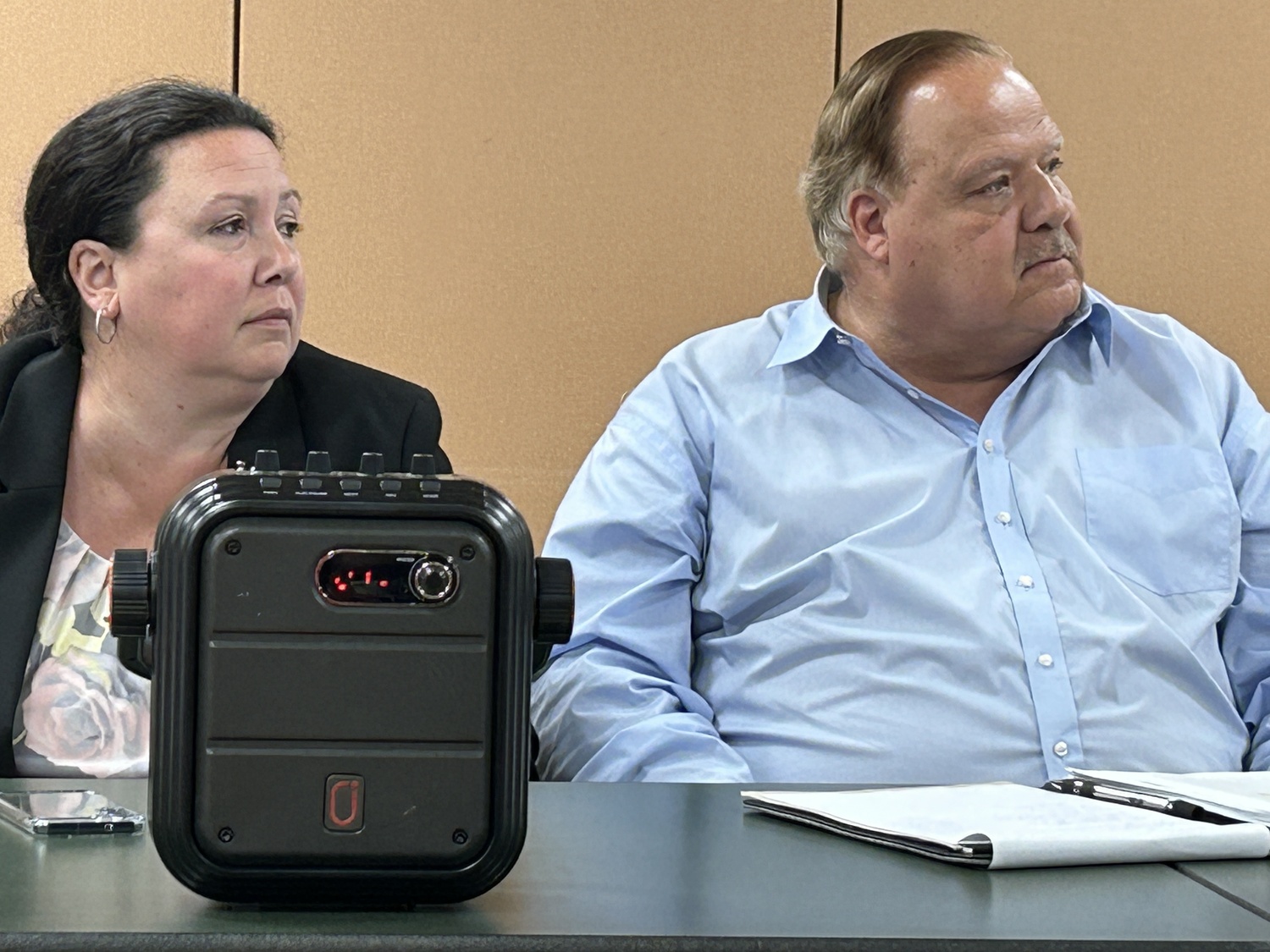 Southampton Town Councilpeople Cyndi McNamara and Rick Martel  fielded questions from the audience at the Hampton Bays Civic Association meeting Monday night.   KITTY MERRILL