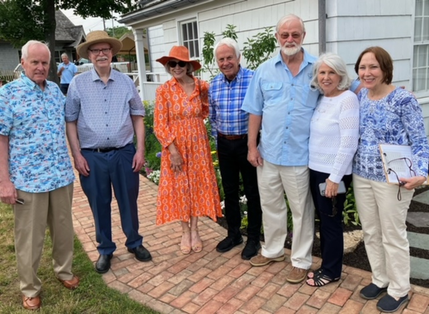 The Westhampton Beach Historical Society recently held an opening reception for its campus on Mill Road,  which included the first look at the Westhampton Garden Club sponsored  landscaping and flowers. About 80 attendees were there including, from left, Jon Stanat, Bo Bishop, Barbara Stanat, Larry Jones, Wes Winters, Nancy Winters, and Lynne Jones. COURTESY TOM HADLOCK