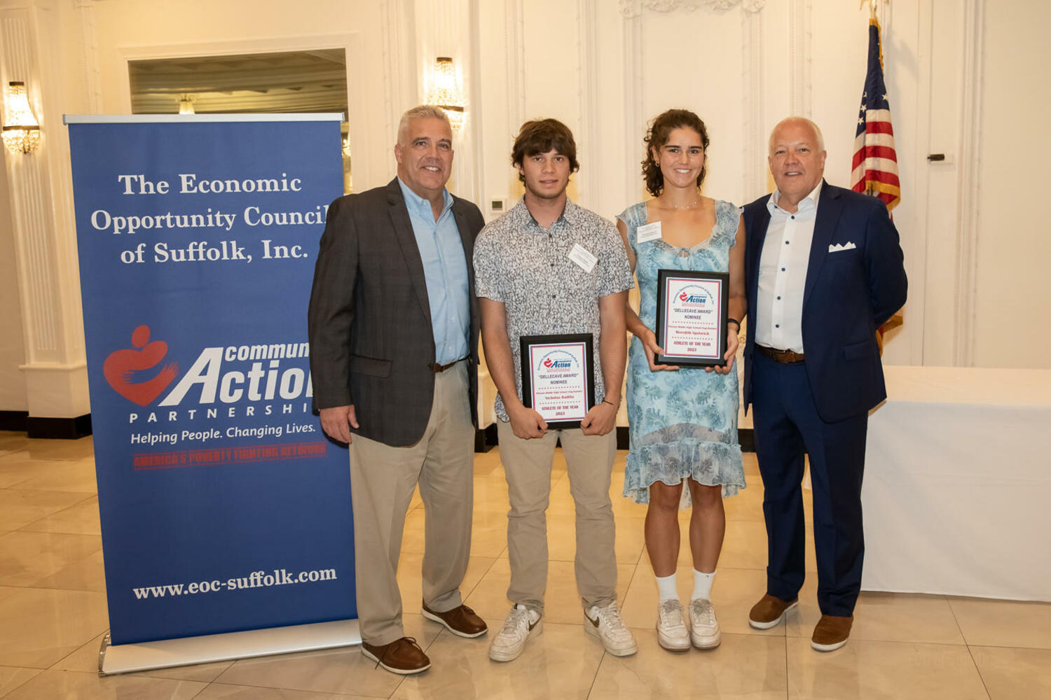 Pierson Middle/High School nominees Nicholas Badilla and Meredith Spolarich are flanked by Butch Dellecave Foundation President Mark Dellecave (left) and Executive Director
Guy Dellecave.