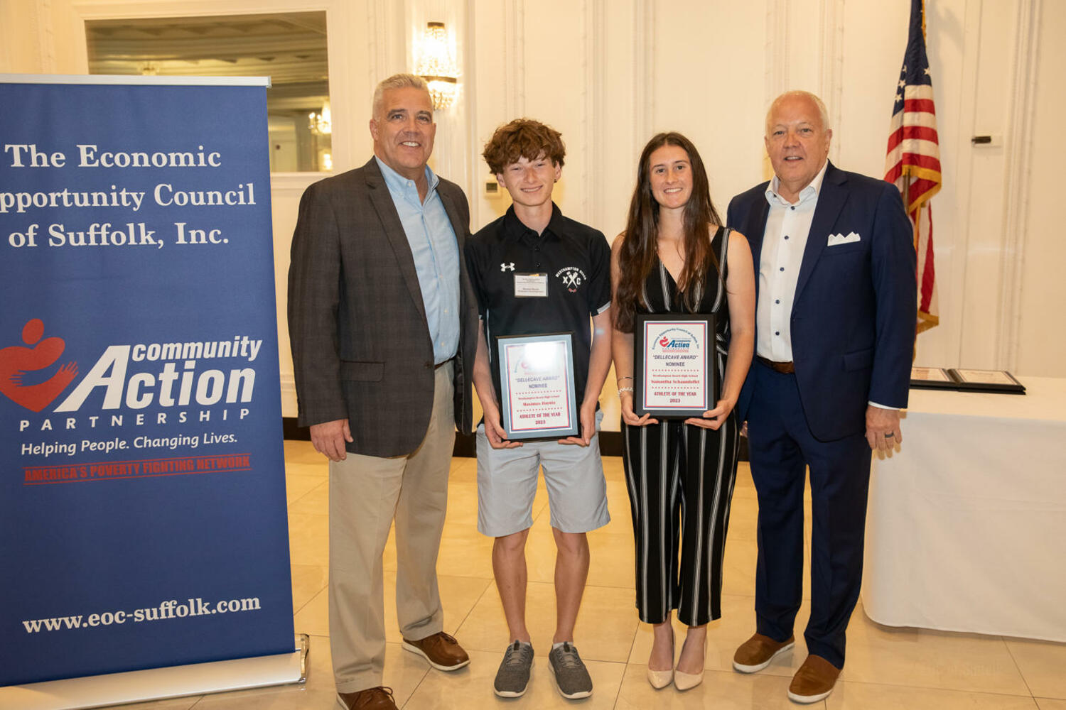 Westhampton Beach High School nominees Maximus Haynia and Samantha Schaumloffel are flanked by Butch Dellecave Foundation President Mark Dellecave (left) and Executive Director Guy Dellecave.