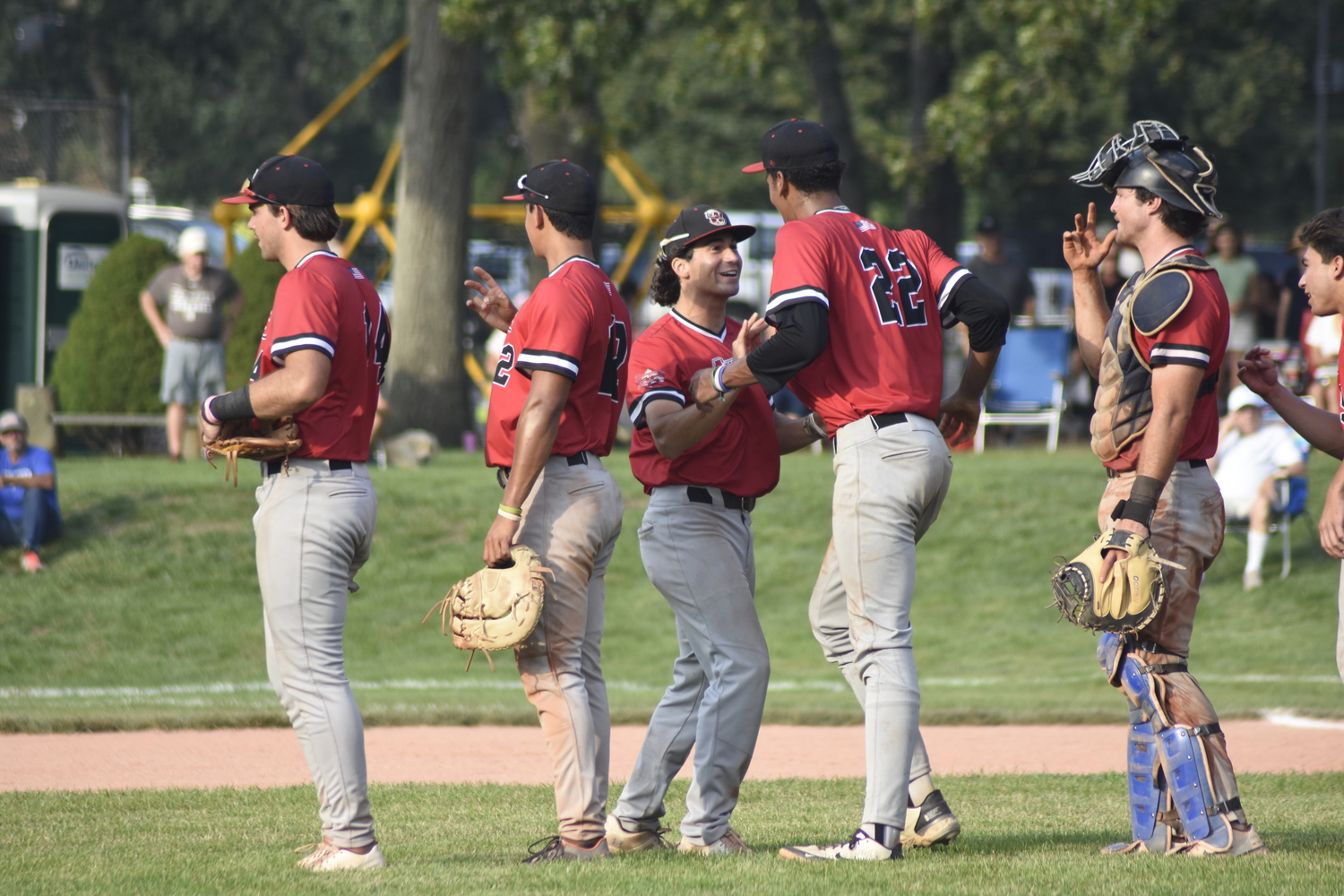 Greg Becil (Lehigh), who hit the eventual game-winning home run, and Bruno Cergol (Finger Lakes CC), who earned the save, are pumped up after the Aviators' 3-2 victory put them in the HCBL Championship Series.   DREW BUDD