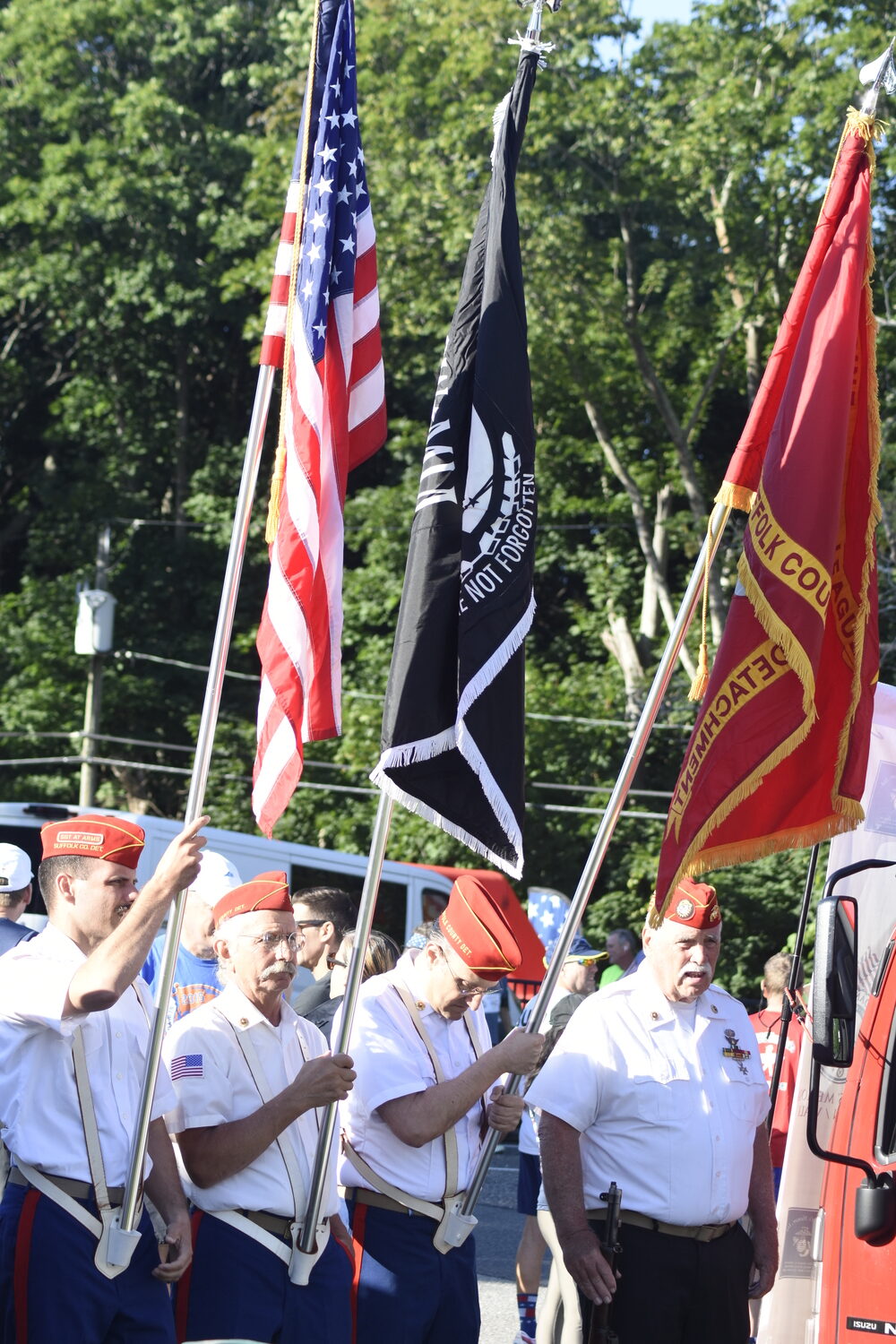 The morning's color guard for the opening ceremony of Jordan's Run in Sag Harbor.   DREW BUDD