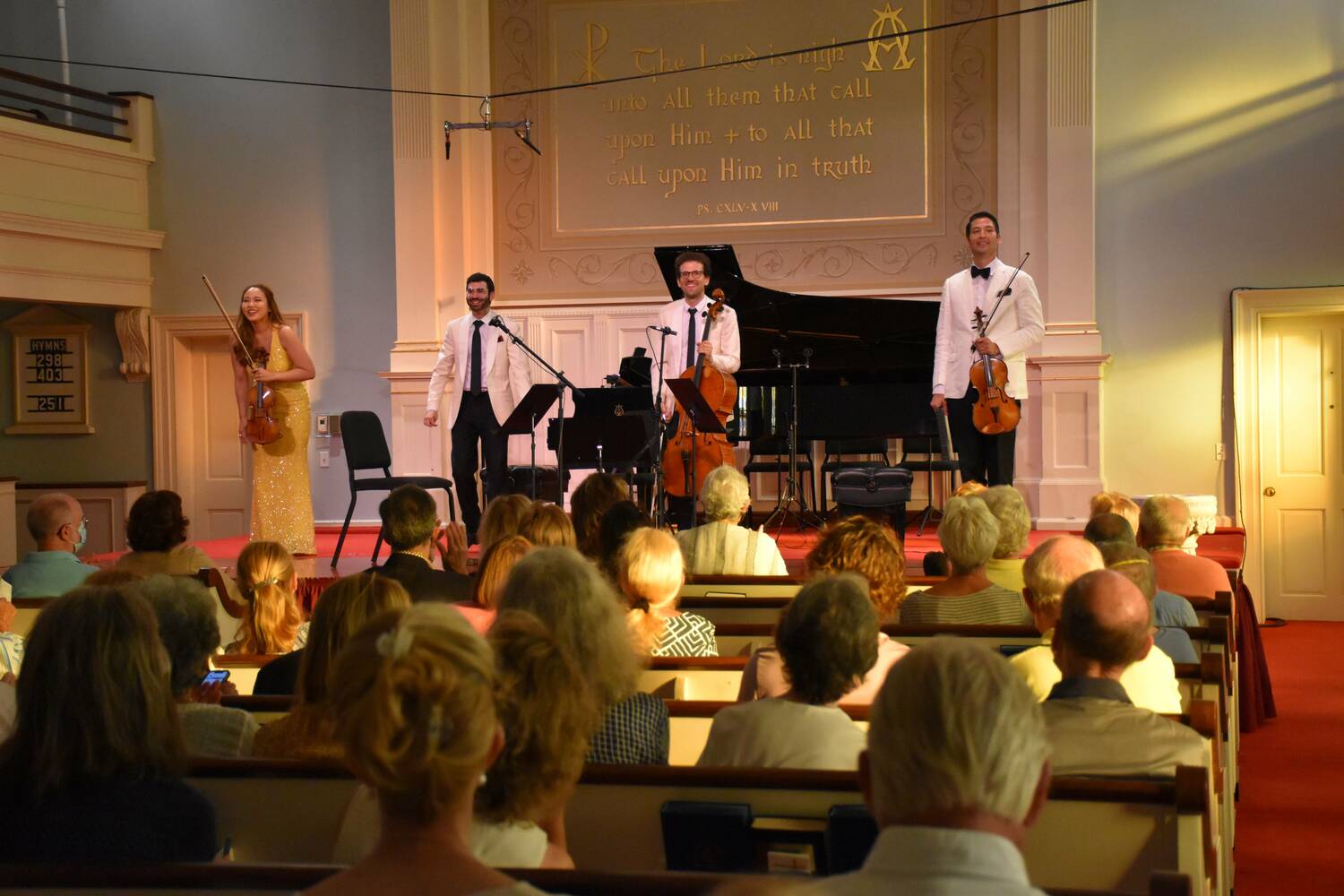 Bridgehampton Chamber Music Festival performers take a bow after a Brahms piano quartet concert in 2022. COURTESY BCM