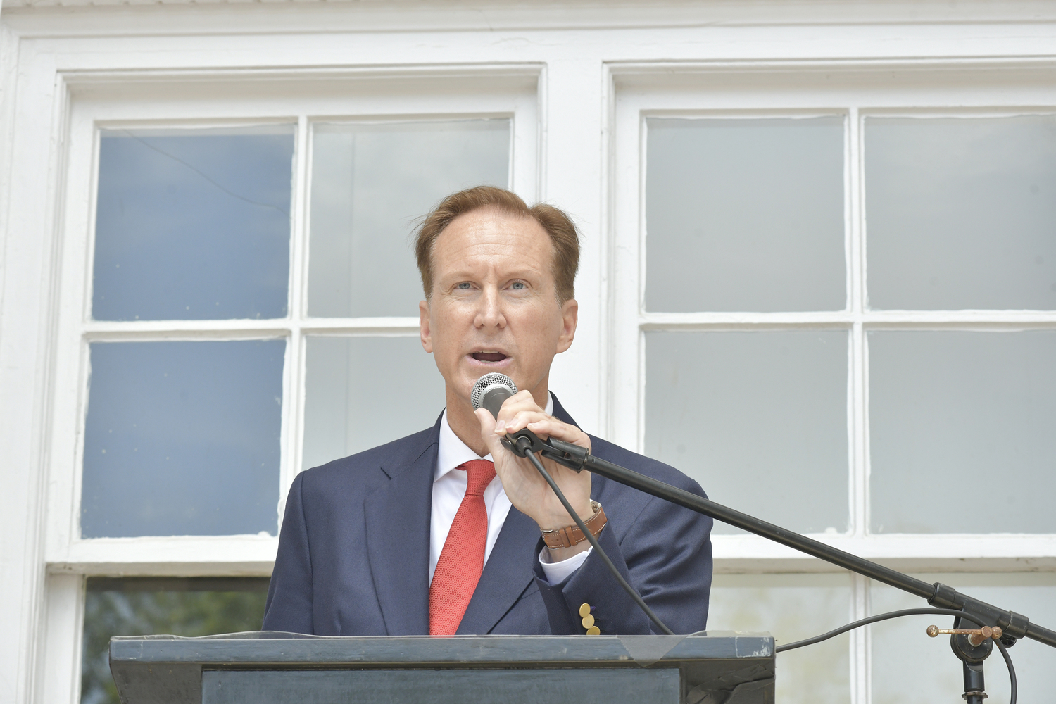 Newly sworn in Southampton Village Mayor Bill Monger address the crowd at village hall on Monday.  DANA SHAW