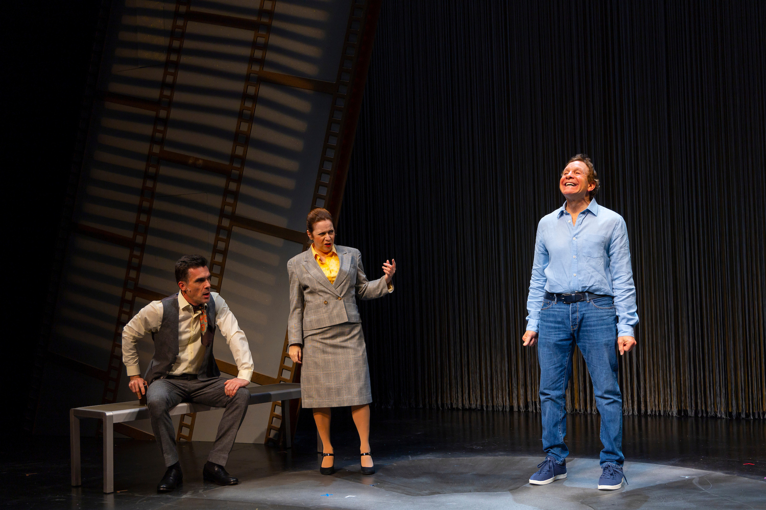 Dan Domingues, Carine Montbertrand and Steve Guttenberg in “Tales From the Guttenberg Bible.” COURTESY BAY STREET THEATER/GEORGE STREET PLAYHOUSE BY ADAM HENDERSHOTT