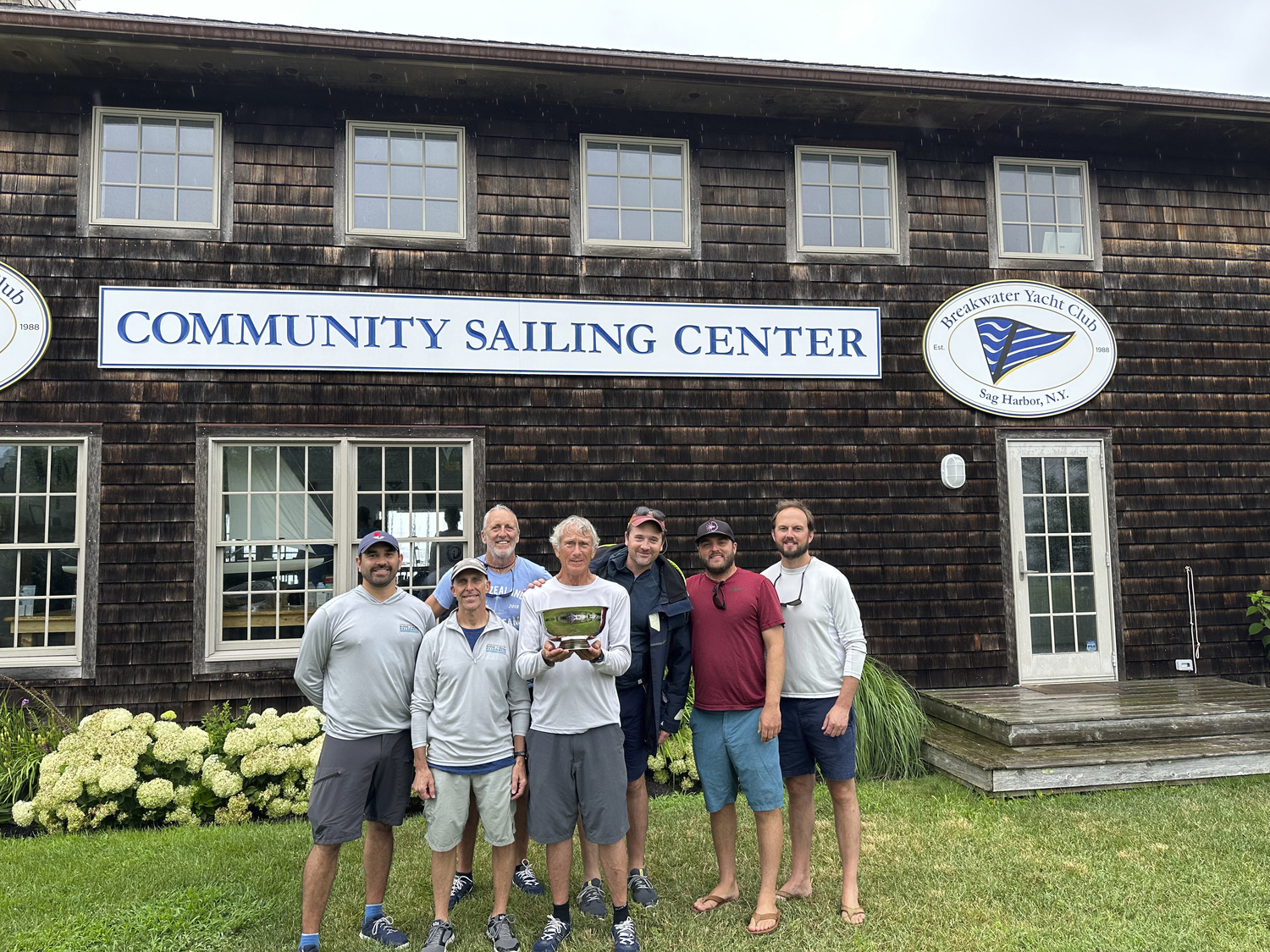 Winners of the J109 division of the Sag Harbor Cup, Big Boat, captained by Buddy Rodgers. Crew included, from let, Fernando Gonzalez, Mike Gershenson, Cris Brodie, Bud Rogers, Jamie Rogers, Seth Barrows and Kyle McArdle.