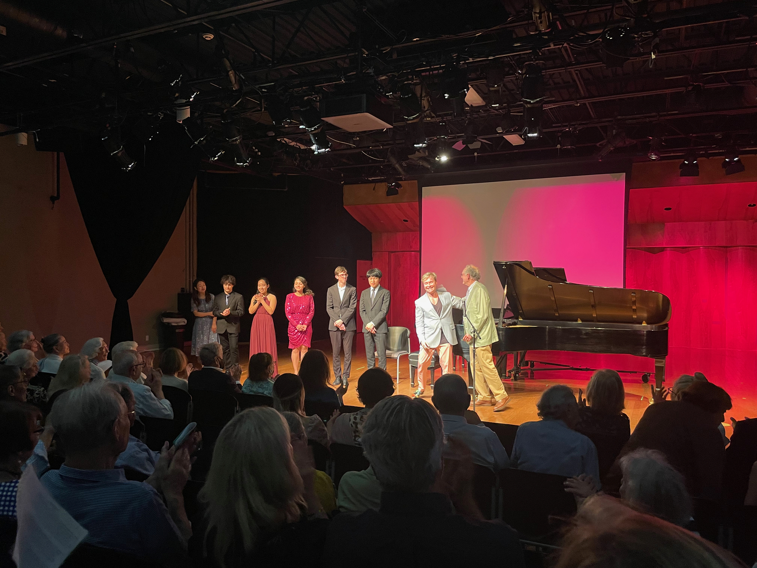 L to R: Na Young Koo, John Gibb, Karina Tseng, Victória Paulino, Owen Dodds, Jialin Yao, artist-in-residence Konstantin Soukhovetski, founder/director Paul Schenly. COURTESTY NOAH HARDAWAY