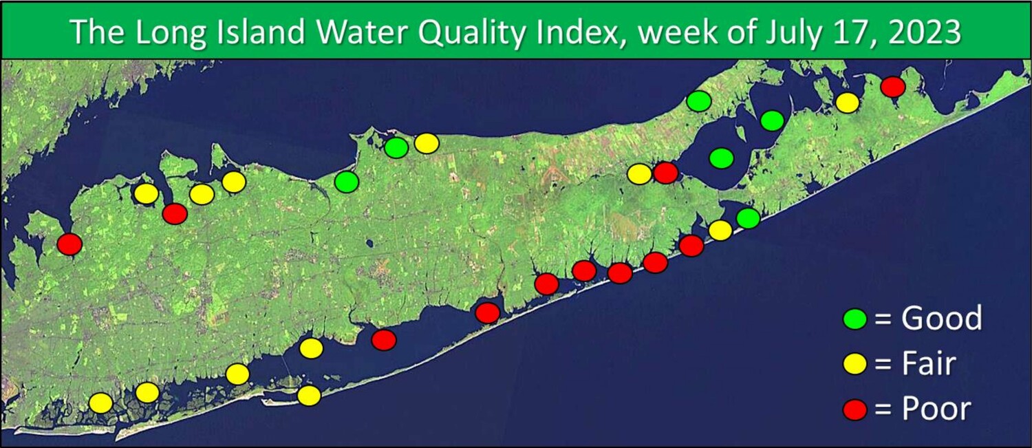 Water Quality Across Much of Eastern Long Island plummeted in recent weeks as high temperatures and heavy rainfalls sparked algae blooms and rising bacteria levels in tidal waters.