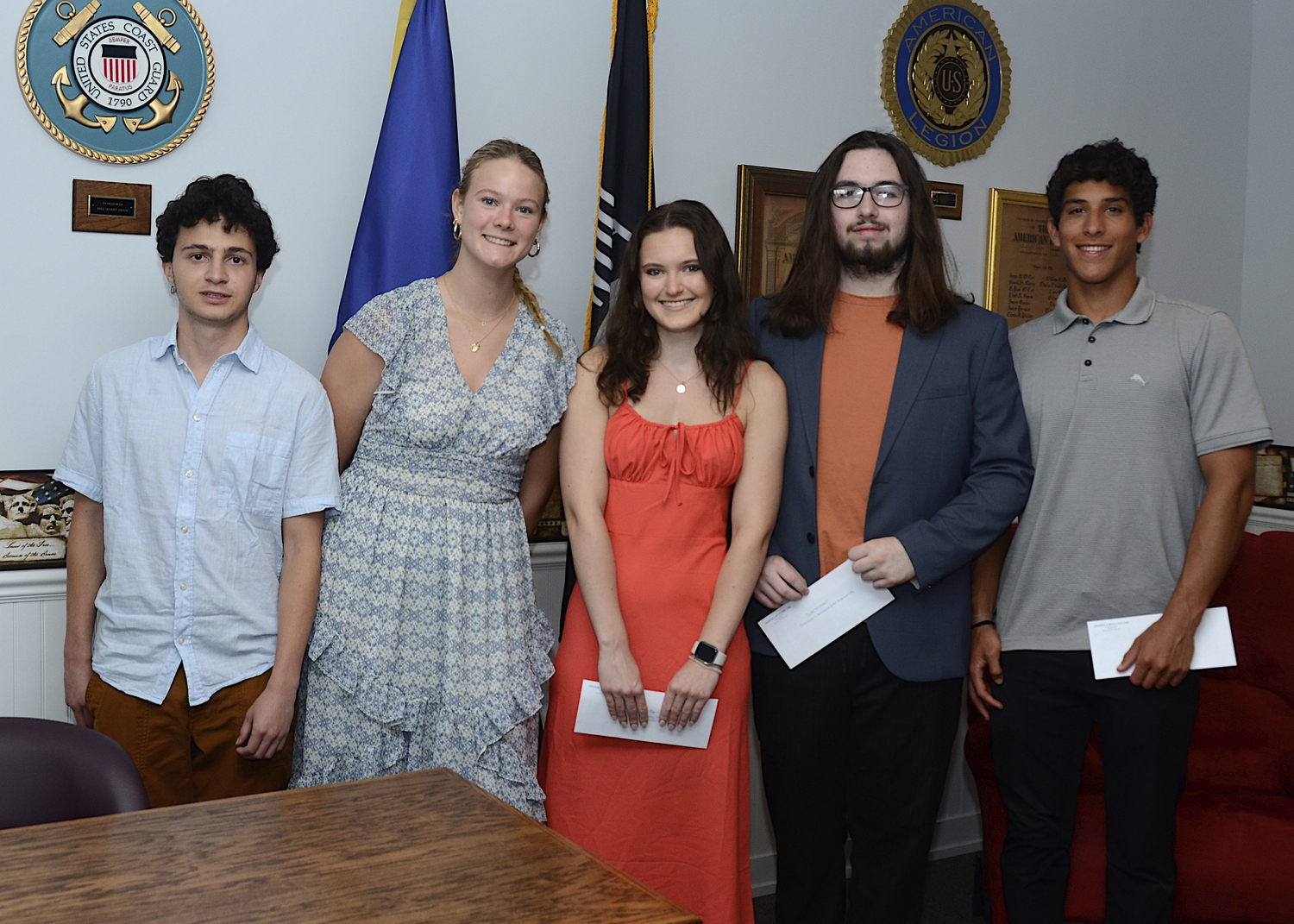 Jacob Weller, Fionnuala Goodale, Emily Squires, Tyler Mitchell and Javier Tibetan were the recipients of scholarships from the Chelberg & Battle American Legion in Sag Harbor on June 27.    KYRIL BROMLEY