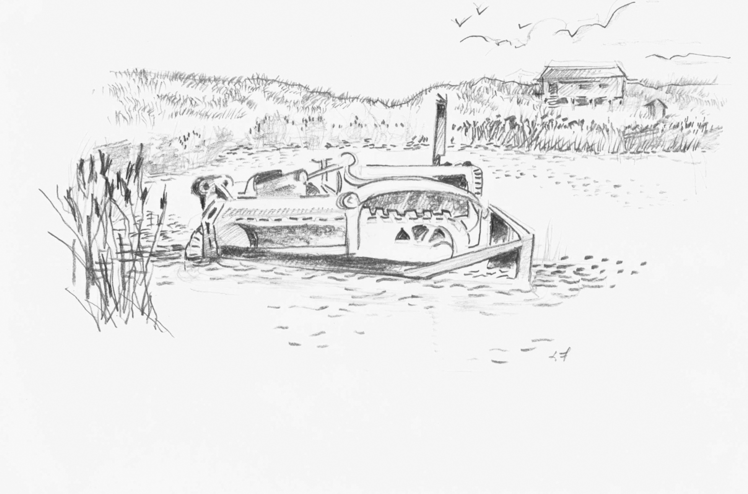 A sketch of the bulldozer in the pond by Lee Foster.