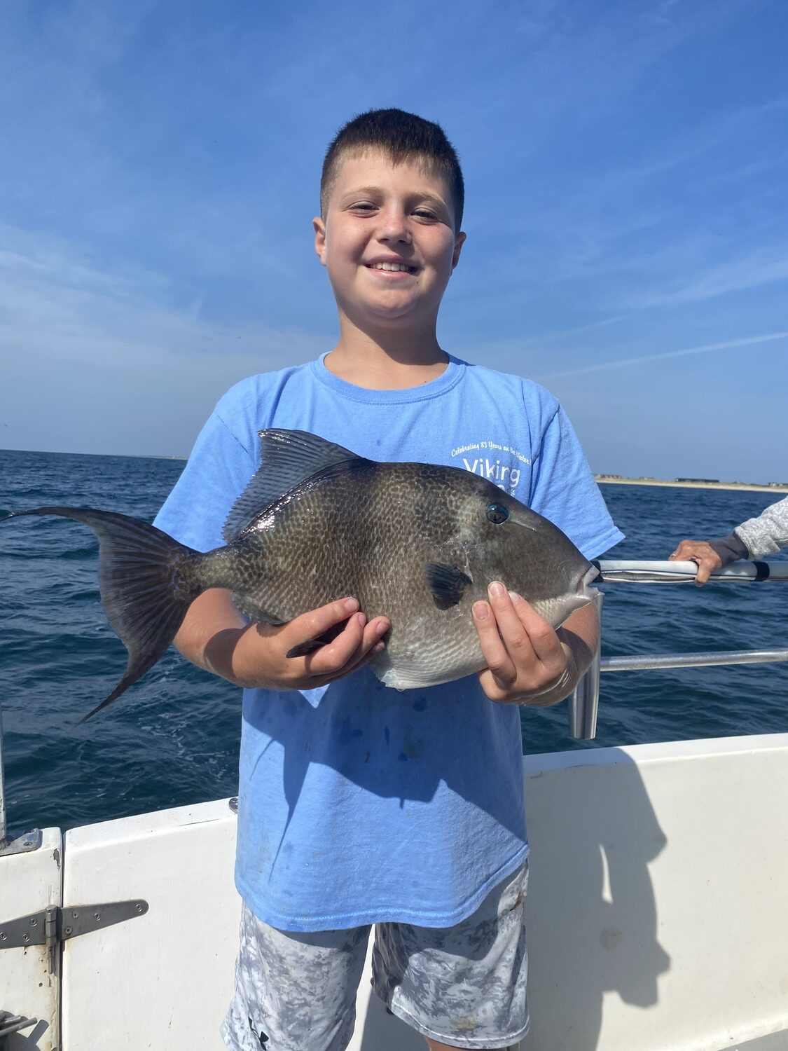 August is the month for big triggerfish, like this one caught by Adam Giunta aboard the Montauk charter boat Double D, around the local rocks and reefs.