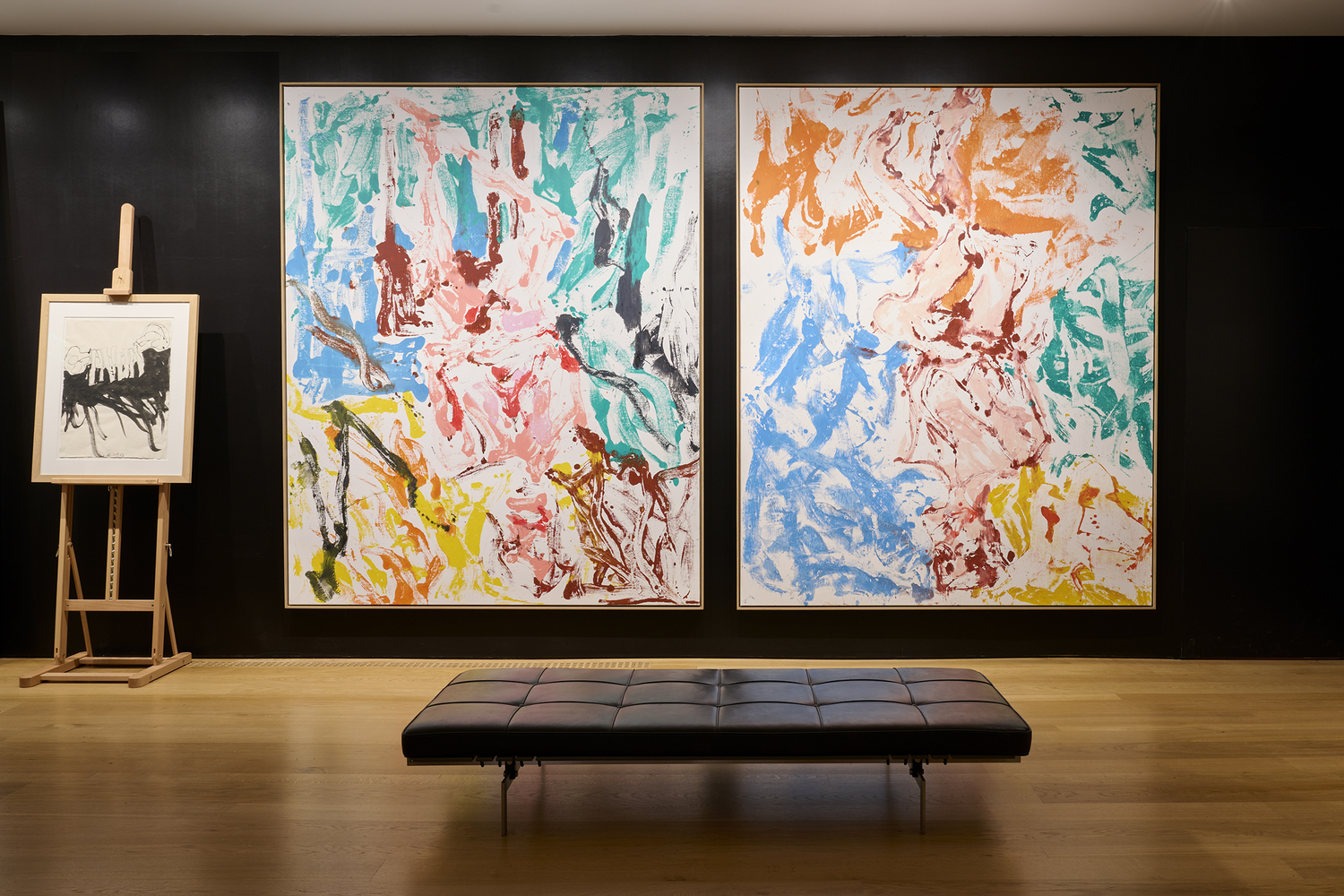 From left, Georg Baselitz, Ohne Titel, 2013 India ink on paper; Georg Baselitz, German Kraut, paint Roy and Bill, 2019, Oil on canvas; Georg Baselitz, Eisbahn, 2019, Oil on canvas. JASON SCHMIDT