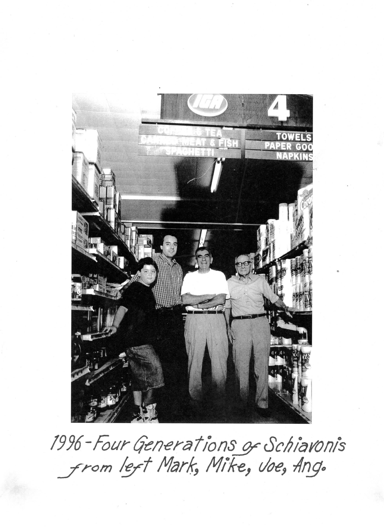 Four generations of the Schiavoni family, from left, Mark, Mike, Joe, and Angelo, in the family store. COURTESY MICHAEL SCHIVONI