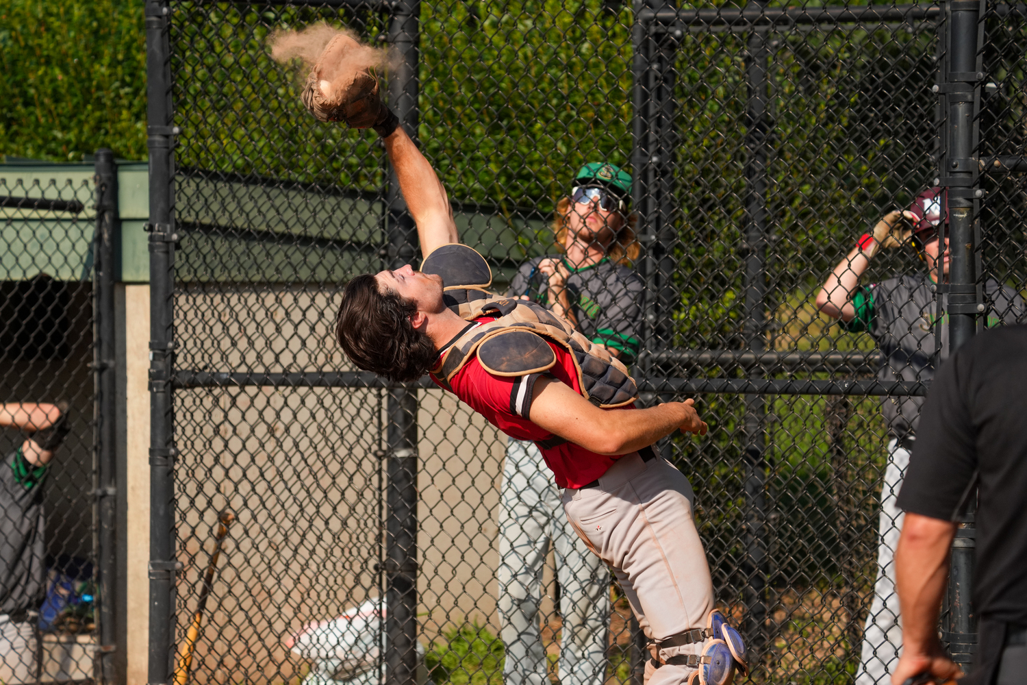 Westhampton catcher Ethan Toone (Southern Illinois) makes a tough play on a pop up behind home plate.   RON ESPOSITO