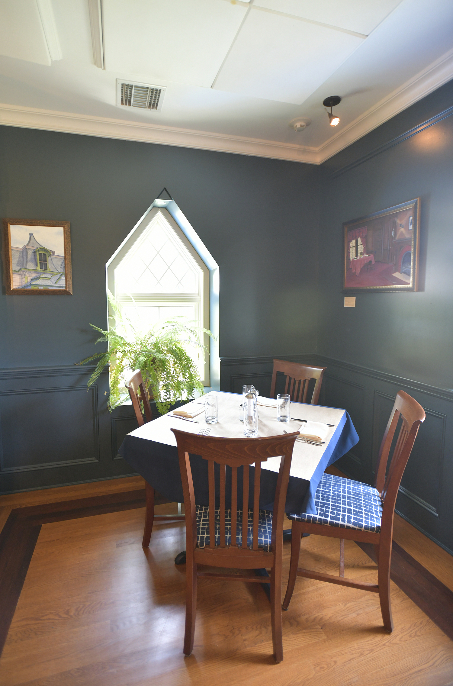 One of the upstairs dining areas which features historic information about the Dimon family.  DANA SHAW