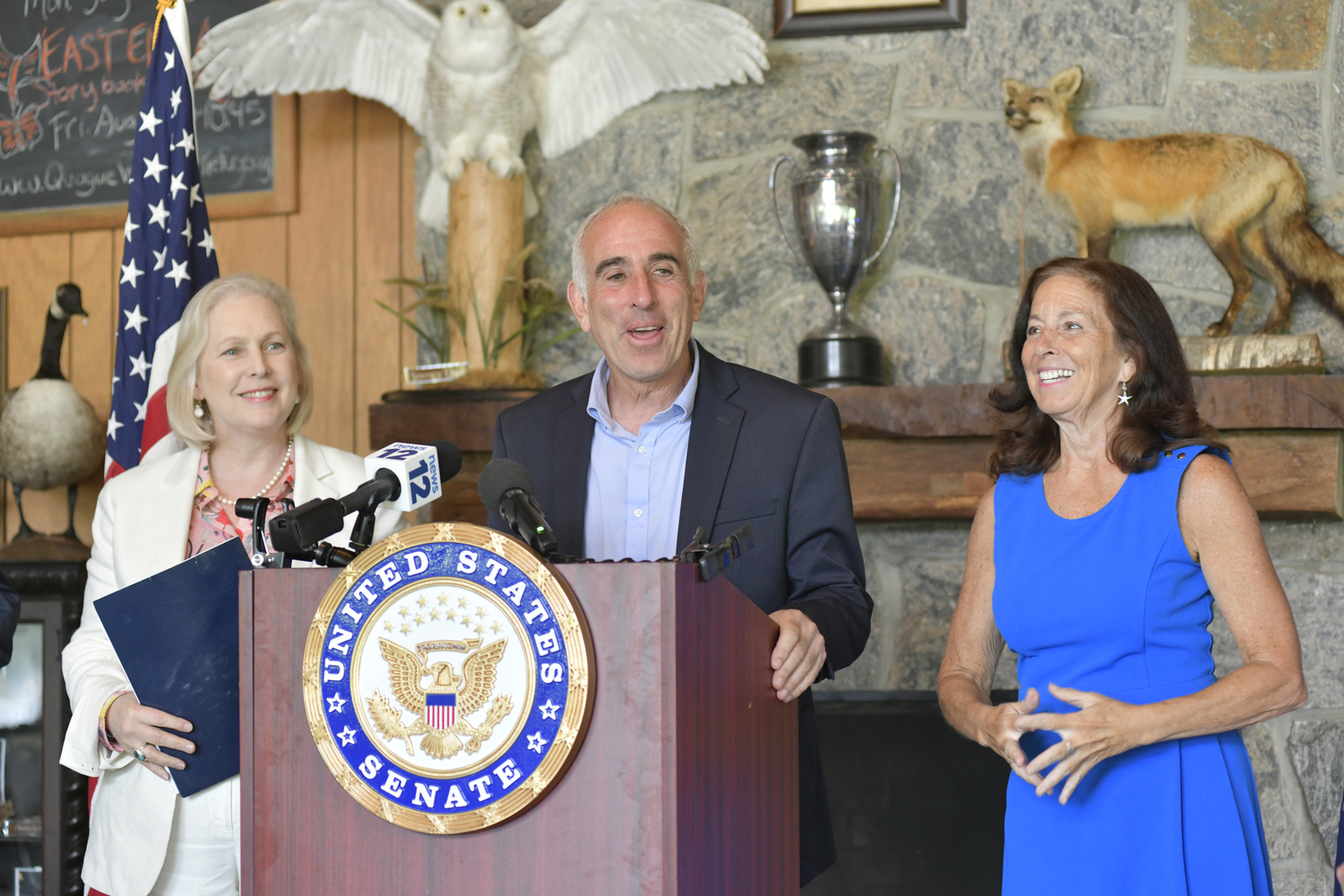 U.S. Sen. Kristen Gillibrand, left, with Southampton Town Supervisor Jay Schneiderman and  Adrienne Esposito, executive director of Citizens Campaign for the Environment at the Quogue Wildlife Refuge on July 28.     DANA SHAW