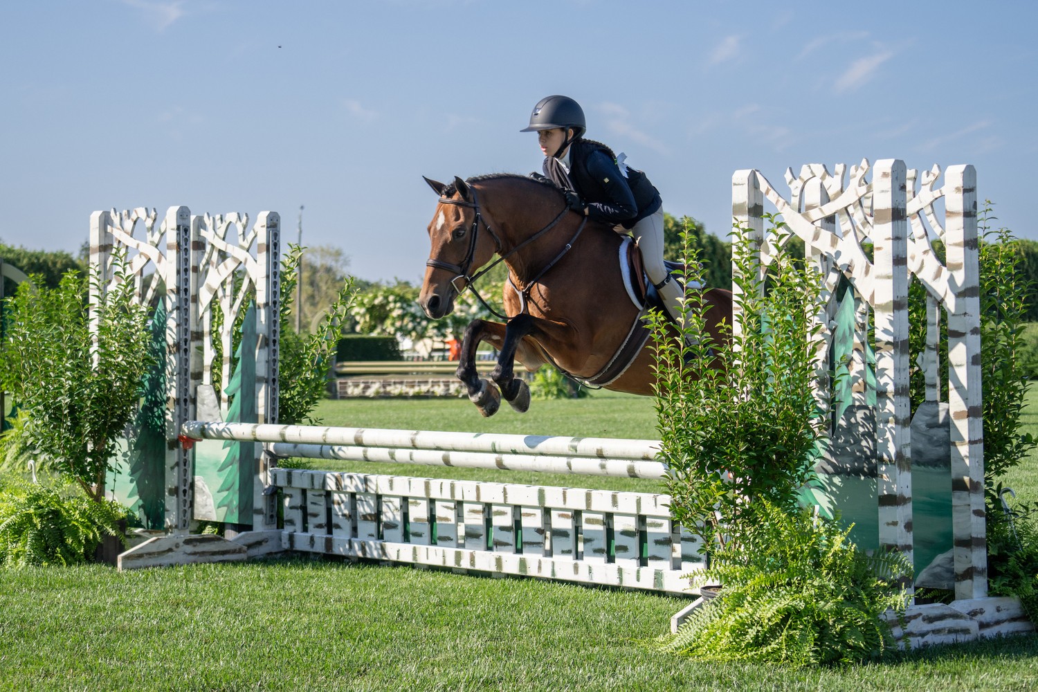 Eva Tucci rides Rollingwoods Walking Tall during the Children's Equitation Medium Over Fences at The Hampton Classic Opening Day on Sunday.  LORI HAWKINS