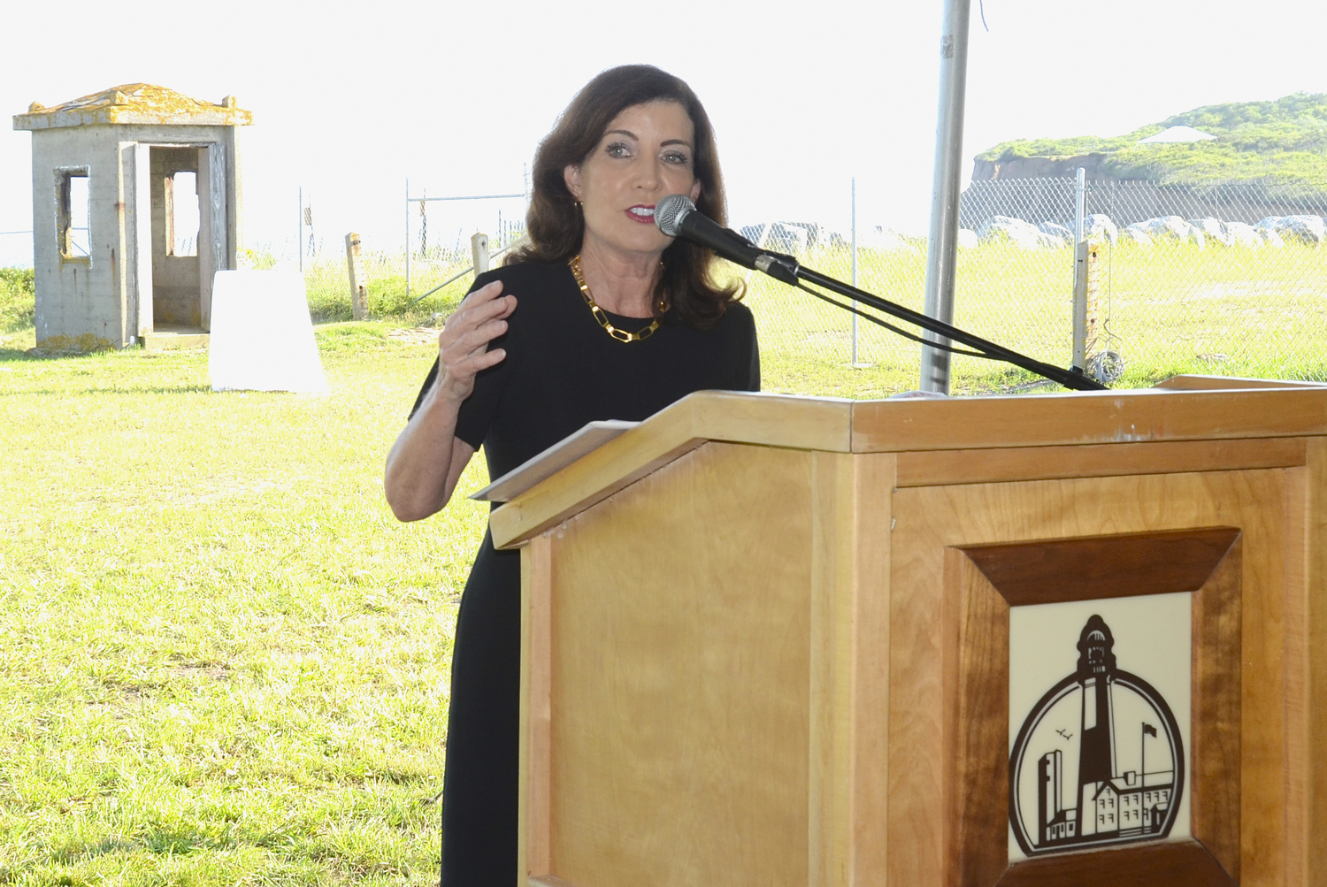 Governor Kathy Hochul speaks at the Montauk Point Lighthouse.  KYRIL BROMLEY