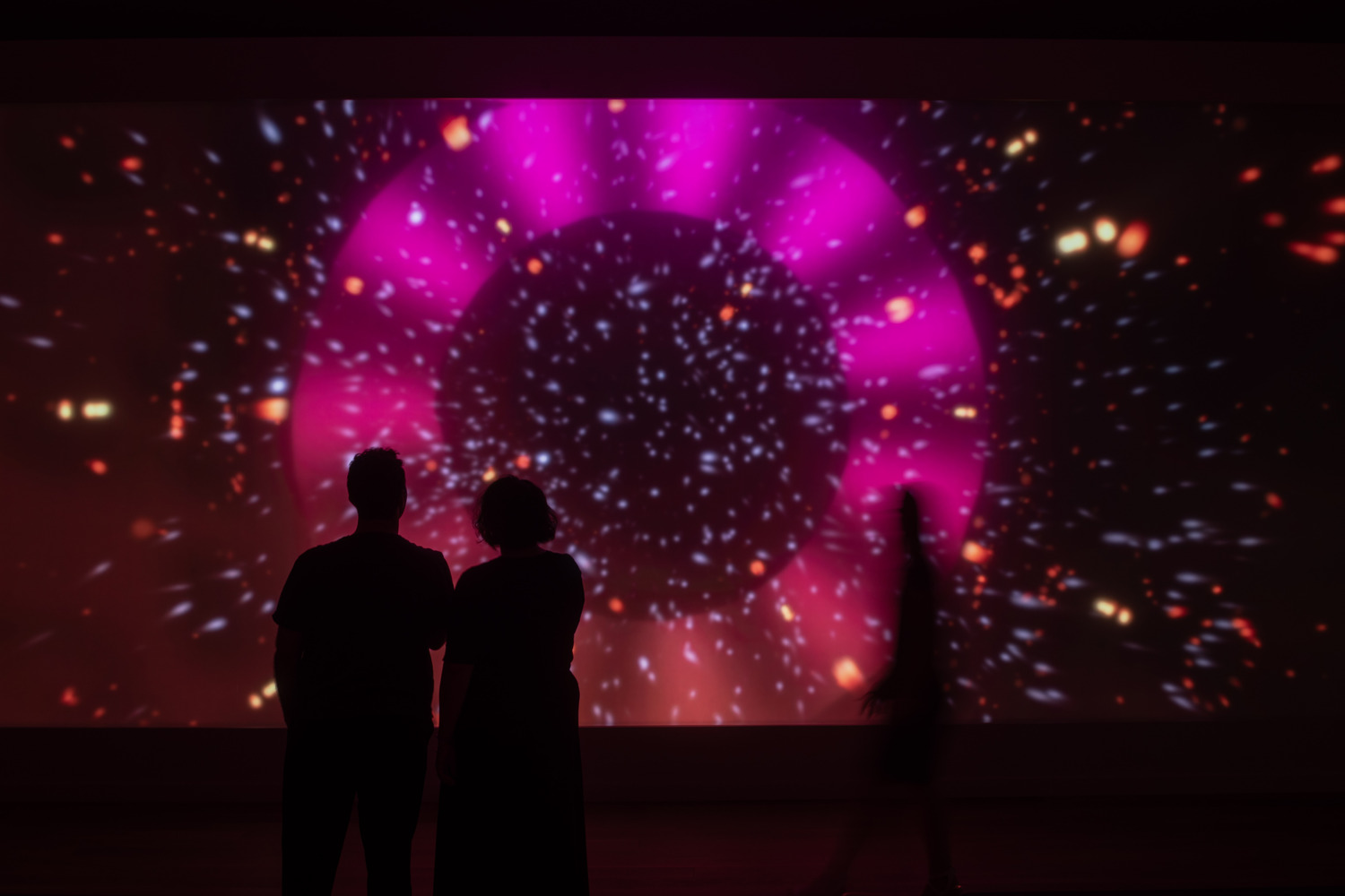 Duo standing in front of Leo Villareal's Celestial Garden, 2023. Artwork created using LEDs, custom software, electrical hardware, steel, vinyl, audio. GARY MAMAY