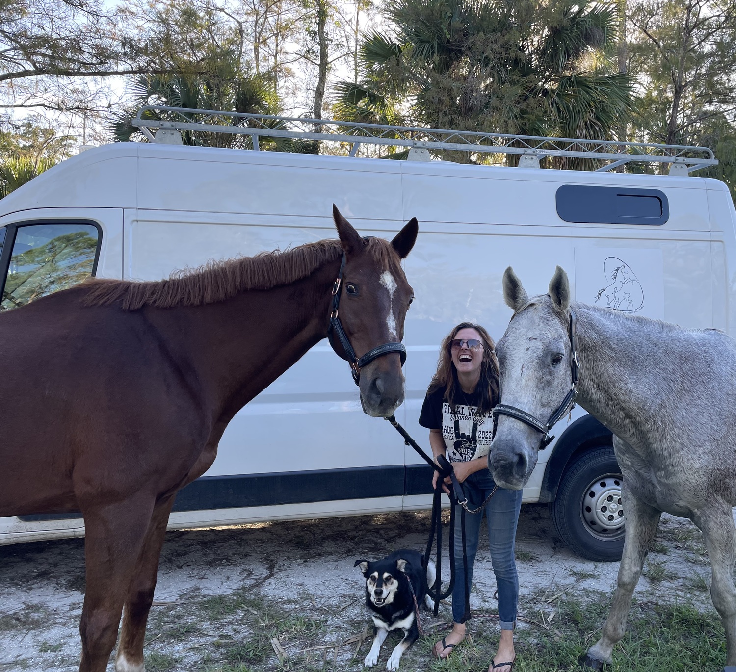 Madi Rauch with her horses, and her van, 