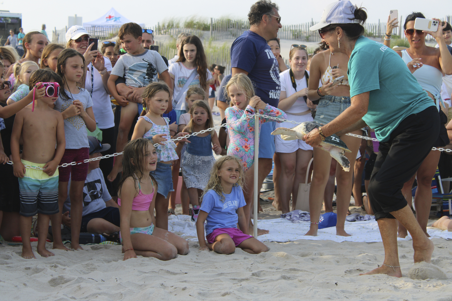 New York Marine Rescue Center hosted its first public release of  seven sea turtles From the 22/23 cold stun season at Tiana Beach in Hampton Bays on July 27.   DYLANN HANRAHAN