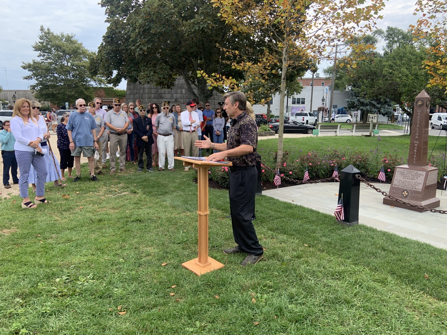 Mayor Tom Gardella addresses the crowd that gathered to rededicate a monument erected to the memory of U.S. Marine Lance Cpl. Jordan Haerter, who was killed in Iraq in 2008. STEPHEN J. KOTZ